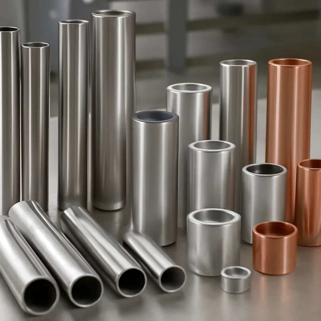 Assorted stainless aluminum and copper tubular parts ready for production