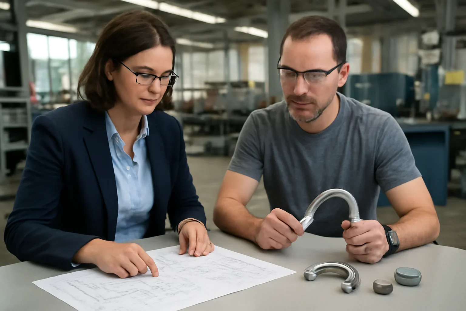 Bay Area tube fabrication team reviewing drawings and sample parts
