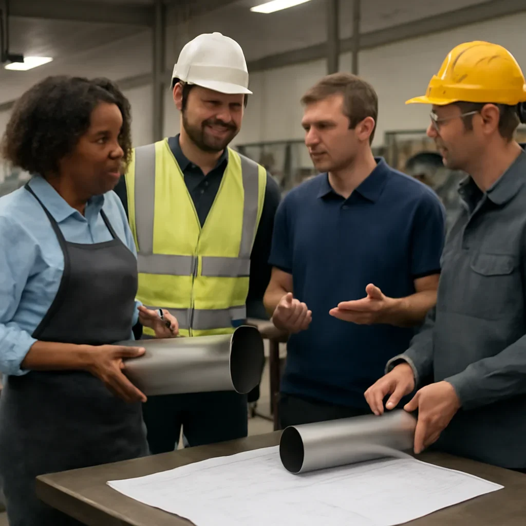 Manufacturing team coordinating secondary processes for a tube fabrication project